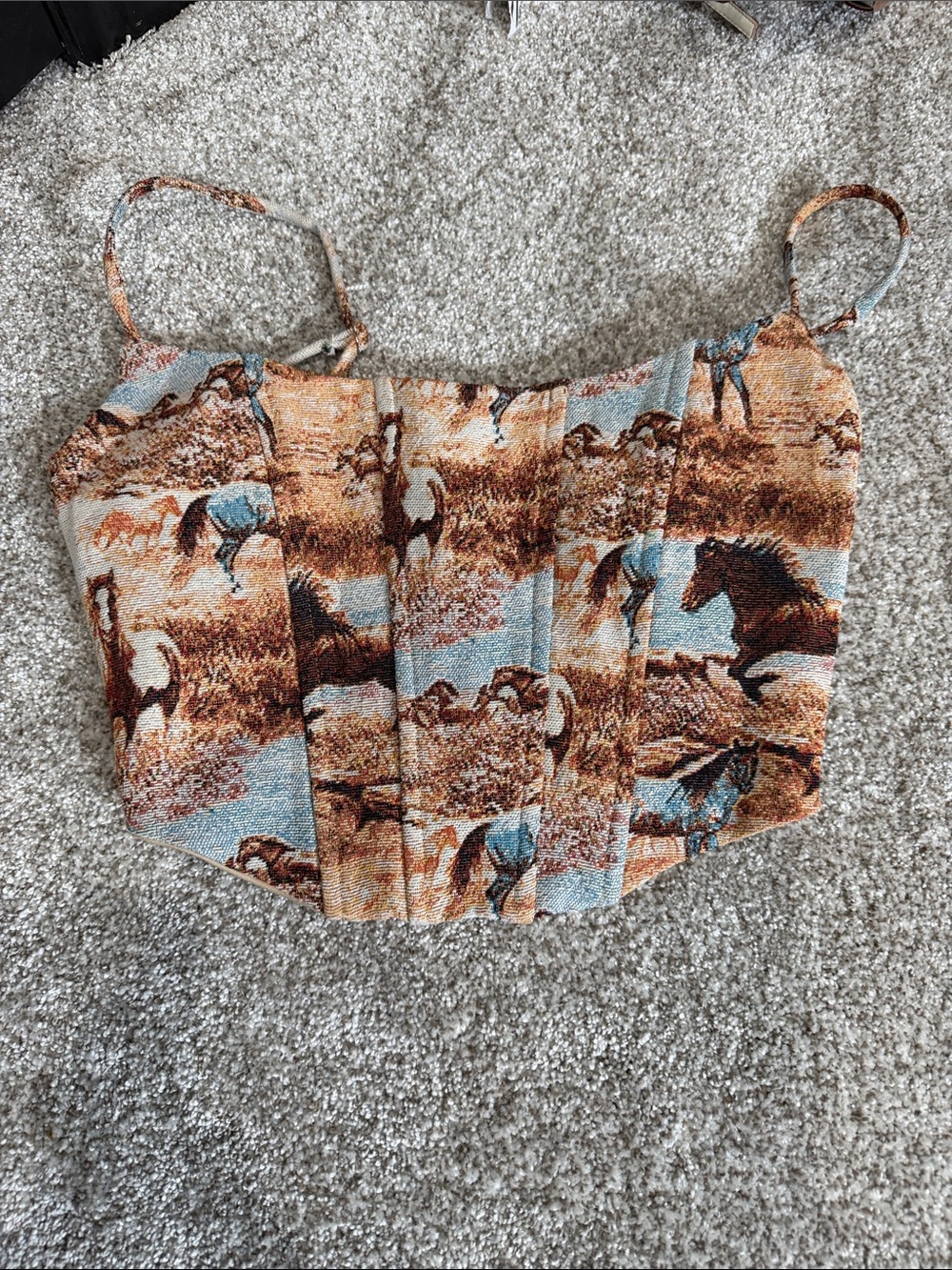Horse Print Bustier Crop Top in Brown & Blue